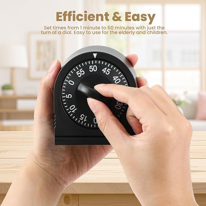 Kitchen Timers for Cooking, 60 Minute Wind Up - Chef Cooking Timer with Loud Alarm,100% Mechanical Desk Timer -No Batteries Required - Manual Countdown timers for Home, Study and Cooking (Black)