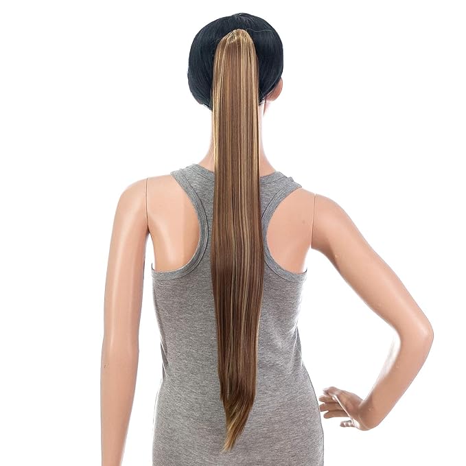 SWACC 28-Inch Long Straight Claw Clip Ponytail Extensions Synthetic Hair Extensions Ponytail Jaw Clip Hair Pieces for Women (Light Brown/Beige Highlights-12H24#)