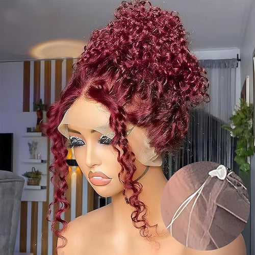 30 Inch Burgundy Wig Human Hair Deep Wave, Hidden Strap 360 Lace Front Wigs Human Hair Pre Plucked Pre Cut Glueless Drawstring, 99J Burgundy Curly Human Hair Wig for Women