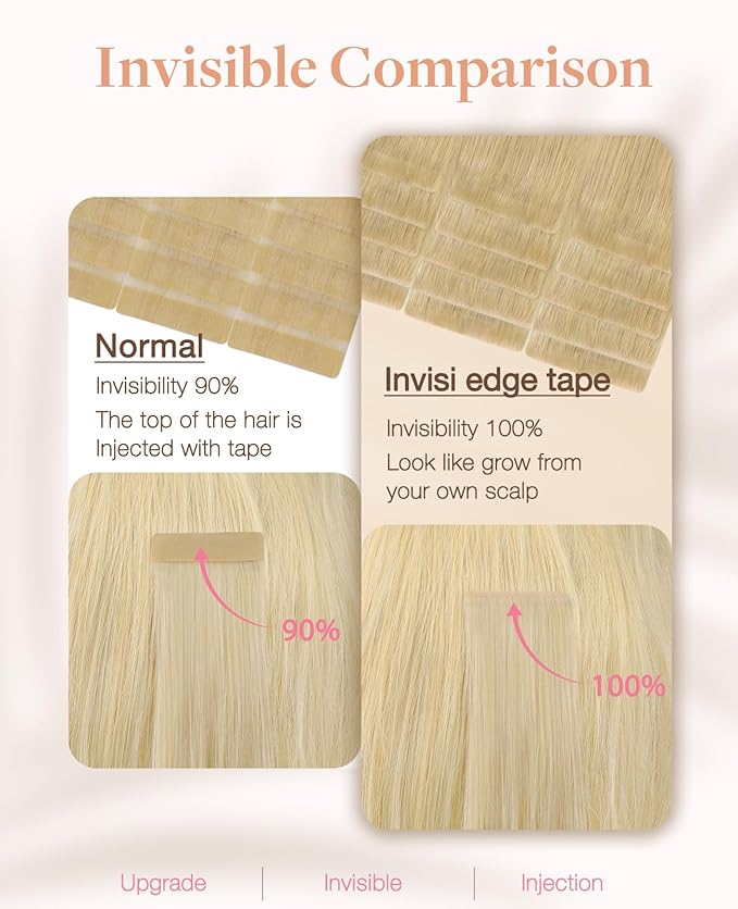 GOO GOO Invisi Edge Tape in Hair Extensions Human Hair, 18AT60A Pearl Ash Blonde Highlights, 6pcs 10inch 15g, Virgin Remy Hair, Seamless Injected Tape, Natural Look