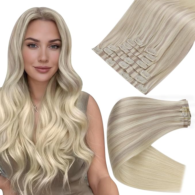 Full Shine Real Hair Extensions Clip in Human Hair Balayage Clip in Hair Extensions Blonde Human Hair Ash Blonde Mix Platinum Blonde Seamless Hair Extension Clip ins for Women 16 Inch 8 PCS 120 G