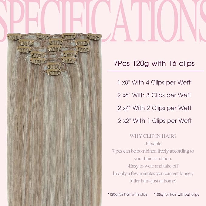 PINKPEARL Clip in Hair Extensions #18P1000 Ash Blonde Highlighted Gray Blonde 7pcs 16 Inch 120g Real Remy Hair Extensions Clip in Human Hair(#18P1000-16)