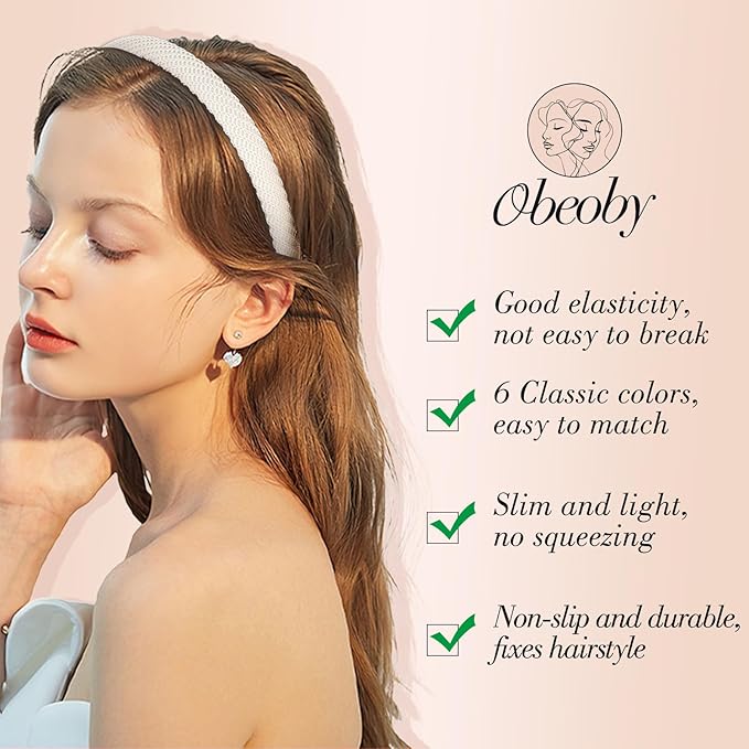 obeoby 6 Pack Trendy Headbands for Women, 0.6inch Thin Knitted Hairbands for Girls Valentines Day Outfit Women's Hair Non Slip