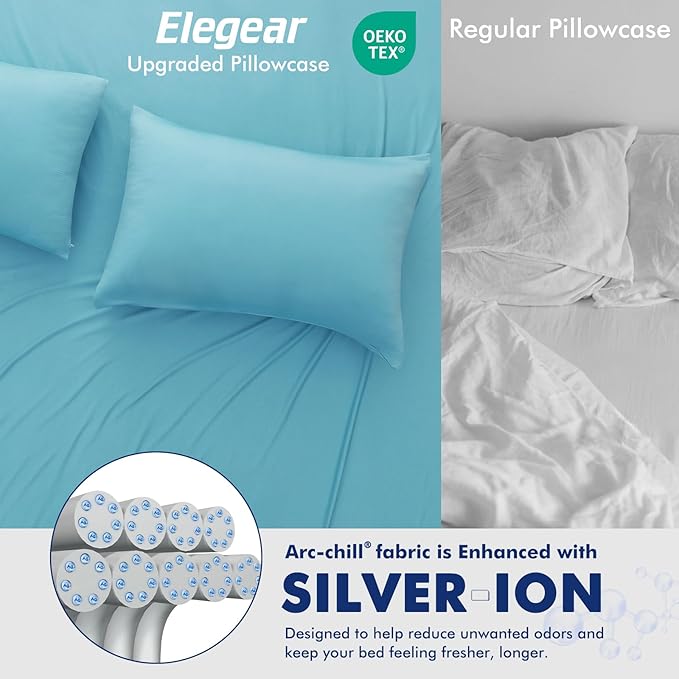 Elegear Cooling Pillow Cases for Hot Sleepers, Clean Fabric Silver Infused Cooling Pillowcase Q-Max>0.5, Soft Pillow Cases for Hair & Skin, Zipper Pillow Cases Set of 2 Blue (Standard, 20'' x 26'')