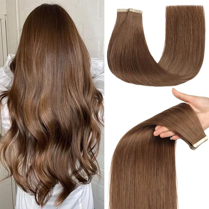 Tape Ins Hair Extensions Human Hair 20pcs 24 Inches Hair Extensions for White Women Invisible Seamless Tape in Extensions Human Hair Skin Weft Medium Brown (6#)