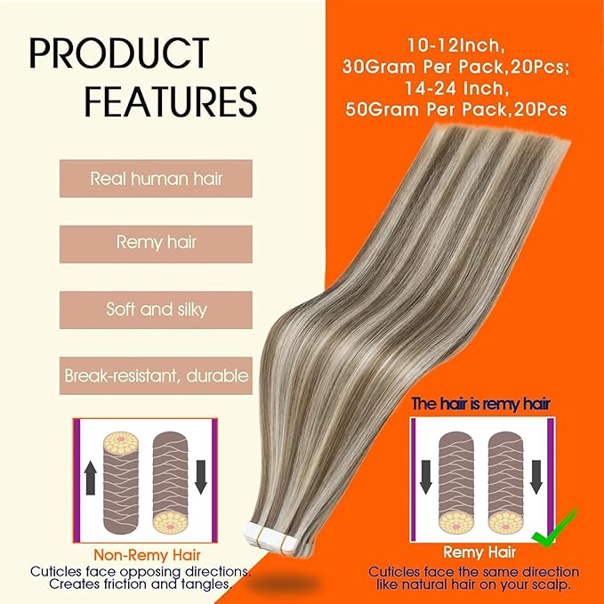 Full Shine Highlights Tape in Extensions 12Inch Seamless Tape in Hair Extensions Color 8 Light Brown Highlighted 60 Platinum Blonde Invisible Extension 30Gram 20Pcs Remy Straight Skin Weft for Wedding