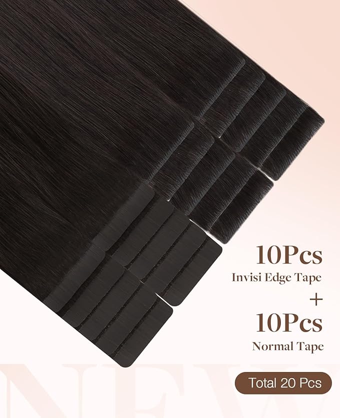 GOO GOO Invisi Edge Tape in Hair Extensions Human Hair, 2 Dark Brown 10pcs injected with 10pcs classical tape ins, 10inch 30g, Virgin Remy Hair, Natural Look