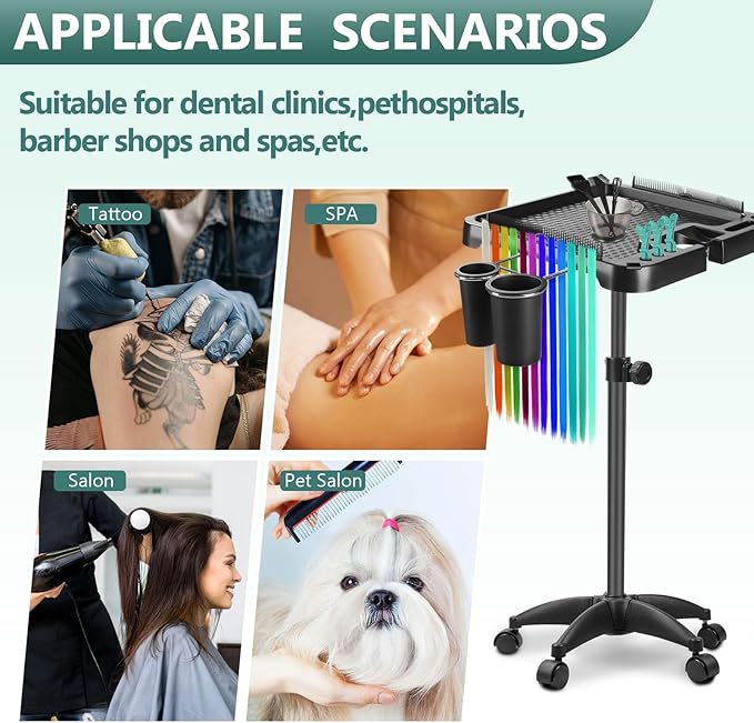 Professional Salon Rolling Tray Cart, Height Adjustable Storage Platform with Hair Tool Holders, Mobile Hairdressing Trolley with Wheels, Black