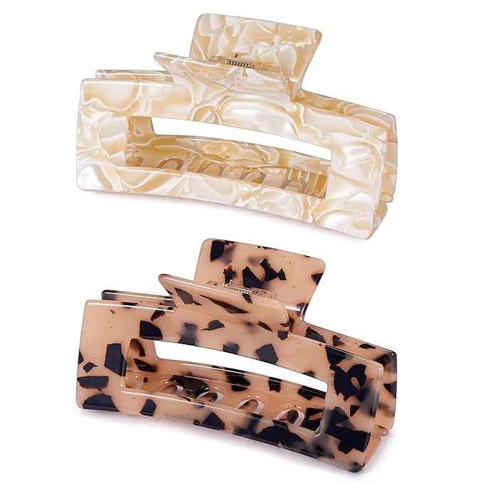 Large Tortoise Shell Claw Clip 4.1 Inch Cellulose Acetate Hair Claw, 2 Pack Banana Hair Claw Clips for Thick Curly Hair, French Design Hair Jaw Clamp Fashion Hair Accessories for Women Ladies