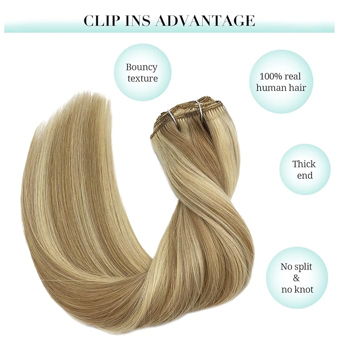 DOORES Clip in Hair Extensions Human Hair, 5pcs 75g Balayage Light Blonde Highlighted Golden Blonde 14 Inch Human Hair Extensions Clip in Remy Hair Extensions Straight Natural Hair