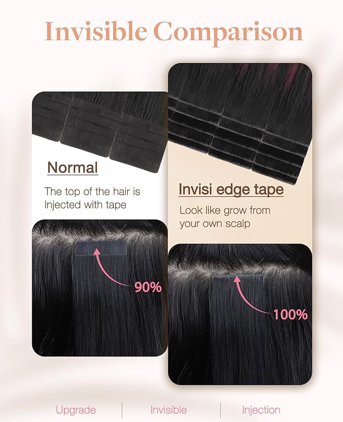 GOO GOO Invisi Edge Tape in Hair Extensions Human Hair, 1/99 Balayage Jet Black to Red 10pcs injected with 10pcs classical tape ins, 18inch 50g, Virgin Remy Hair, Natural Look