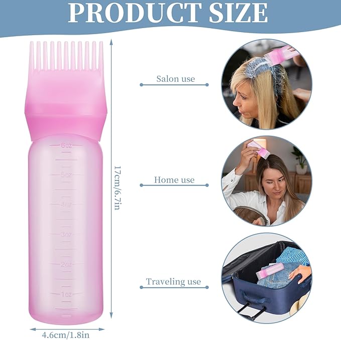 Pimoys Root Comb Applicator Bottle 6 Ounce, Oil Applicator for Hair Dye, Hair Oiling Bottle Brush with Graduated Scale, Pink