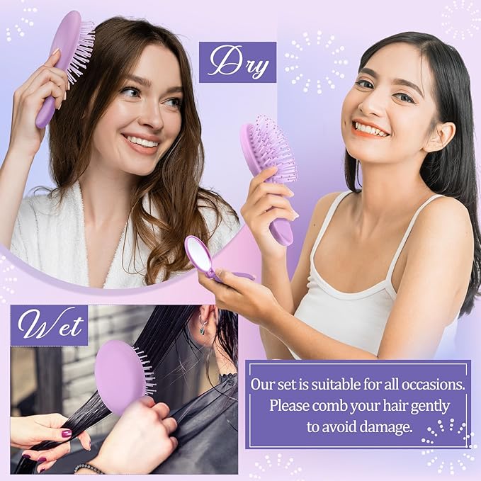 Meanplan 48 Pcs Mini Hair Brush Set 24 travel Wet Dry Hair Combs Pocket Detangling 24 Compact Folding Makeup Mirrors for Spa Sleepover Birthday Bridal Shower Bachelorette Christmas Party Gift(Purple)