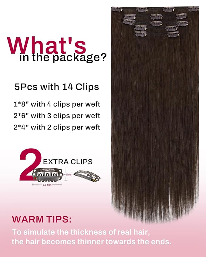 Moresoo Brown Clip in Hair Extensions Remy Double Weft Human Hair Clip in Extensions Straight Hair Extensions for Women Medium Brown #4 5pcs 80g 12inch