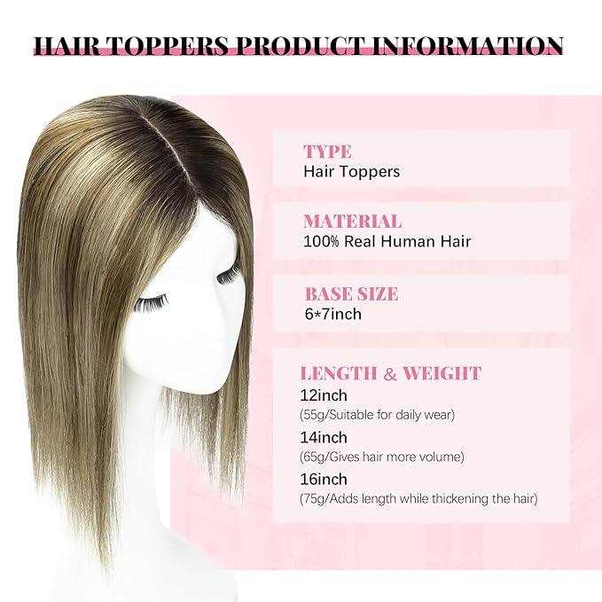 Hair Toppers for Women Real Human Hair 6x7inch Large Base 360°3D Human Hair Toppers for Women Natural Black Ombre Dark Brown Mix Blonde 65g Add Volume 14inch (#1B/4/27 Toppers-14inch)