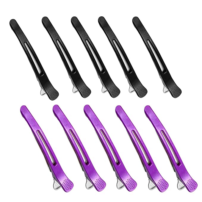 10 pcs Professional Hair Clips for Styling Sectioning - Sectioning Hair Clips for Styling, No-Crease Silicone Band& Anti-Slip Grip, Cutting Clips for Blowouts, Curling, Coloring （Black+Purple）