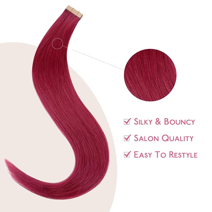 WENNALIFE Tape in Hair Extensions Human Hair Burgundy Red Tape in Extensions, 10pcs 20g 10 inch Remy Invisible Tape Ins Straight Colored Soft Real Human Hair Tape in Extensions Refill Set Extensions