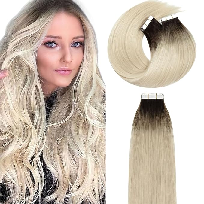 Lacer Hair Tape in Hair Extension Human Hair Balayage Platinum Blonde Hair with Darker Brown Roots Double Sided PU Weft Seamless Straight Natural Human Hair Tape in Extensions 50g 20pcs 14 Inch