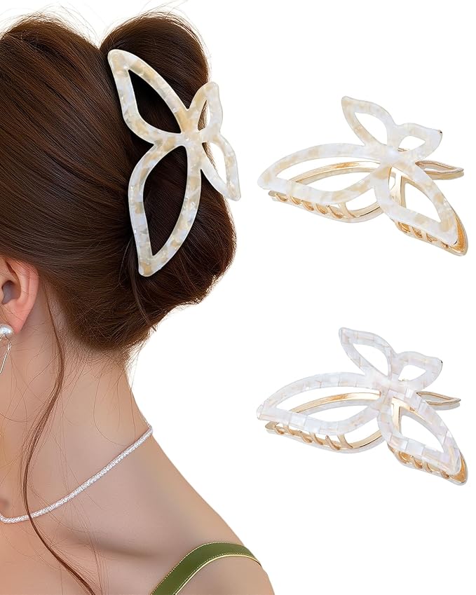 ACECHA 2 Pack Gold Metal Bow Hair Claw Clips for Women, Large Non-slip Butterfly Hairclips for Thin Thick Hair Claws Strong Hold Styling (Checkered)