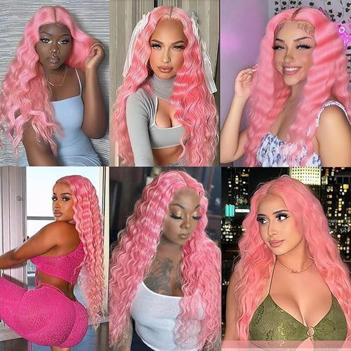 30 32 34 Inch Pink Bundles Human Hair Pink Deep Wave Bundles Niegmeag Peruvian Virgin Remy Hair Extensions Double Weft Soft and Skily Bundle