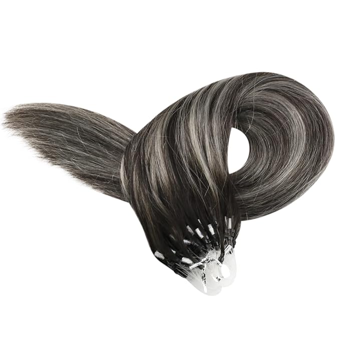 YoungSee Micro Link Hair Extensions Human Hair Ombre Micro Bead Hair Extensions Real Human Hair Silver with Black Balayage Microlink Hair Extension Cold Fusion Hair for Long Hair 22 Inch 50g 50s
