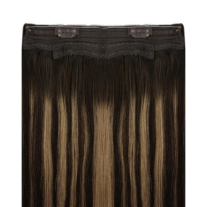 YoungSee Invisible Wire Hair Extensions Balayage Wire Human Hair Extensions Dark Brown Fading To Caramel Blonde Mix Brown Balayage Straight Fish Line Hair Extension for Short Hair 12Inch 70G