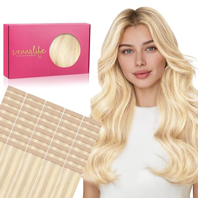 WENNALIFE Tape in Hair Extensions Human Hair, 40pcs 120g 26 inch Balayage Light Wheat Platinum Blonde Hair Extensions Real Human Hair Straight Tape in Extensions Invisible Human Hair Extensions Reusab