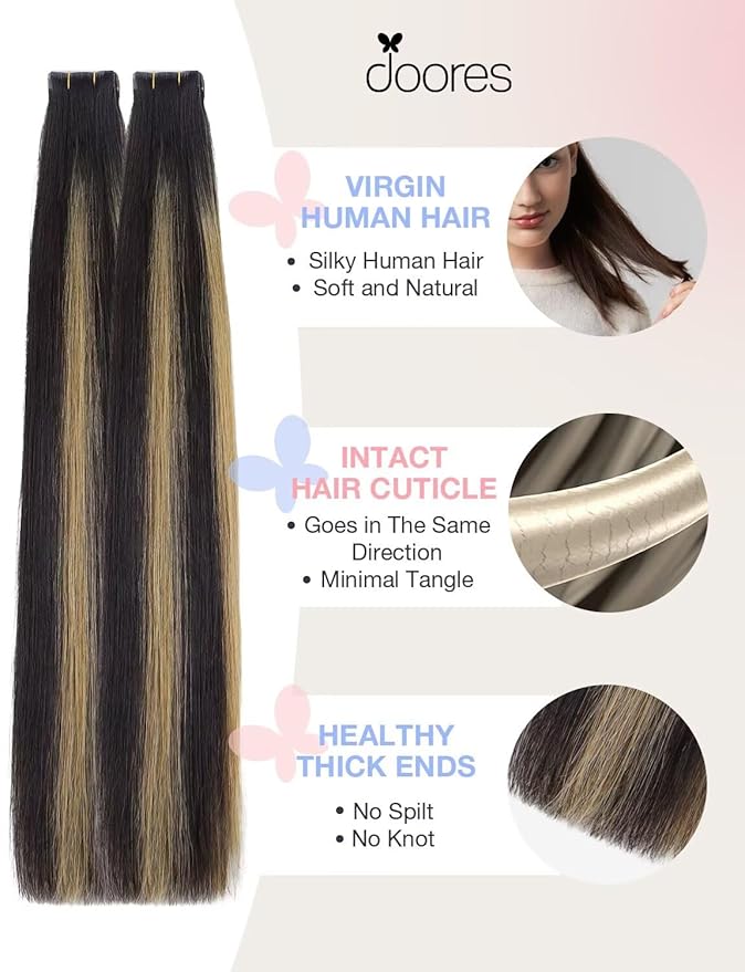 DOORES Invisi Edge Tape in Hair Extensions, Natural Black to Light Blonde 20 Injection Tape-ins with 20 Classic Tape-ins 100g 20 Inch, Injected Tape in Extensions Human Hair
