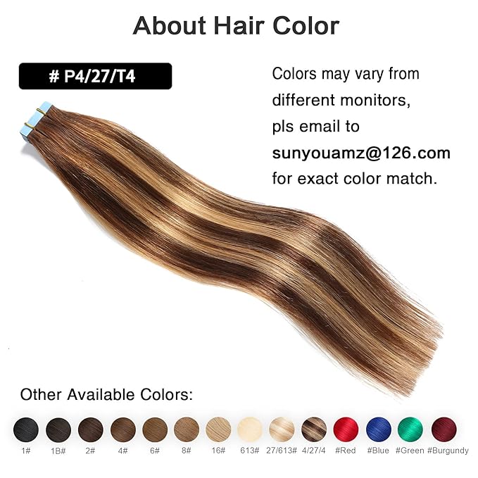 SUYYA Tape in Hair Extensions Human Hair 50g/pack 20pcs Straight Balayage Seamless Skin Weft Tape in Real Hair Extensions Ombre Chocolate Brown to Caramel Blonde(24inch #P4/27/T4)
