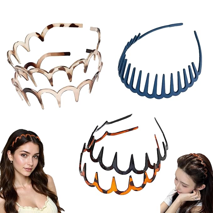 5 PCS Zig Zag Headbands for Women Non Slip, Recycled Plastic Tortoise & Black Headbands with Teeth for Slicked Back Styles, high skull headband Comfortable Comb Hairbands for Women & Girls