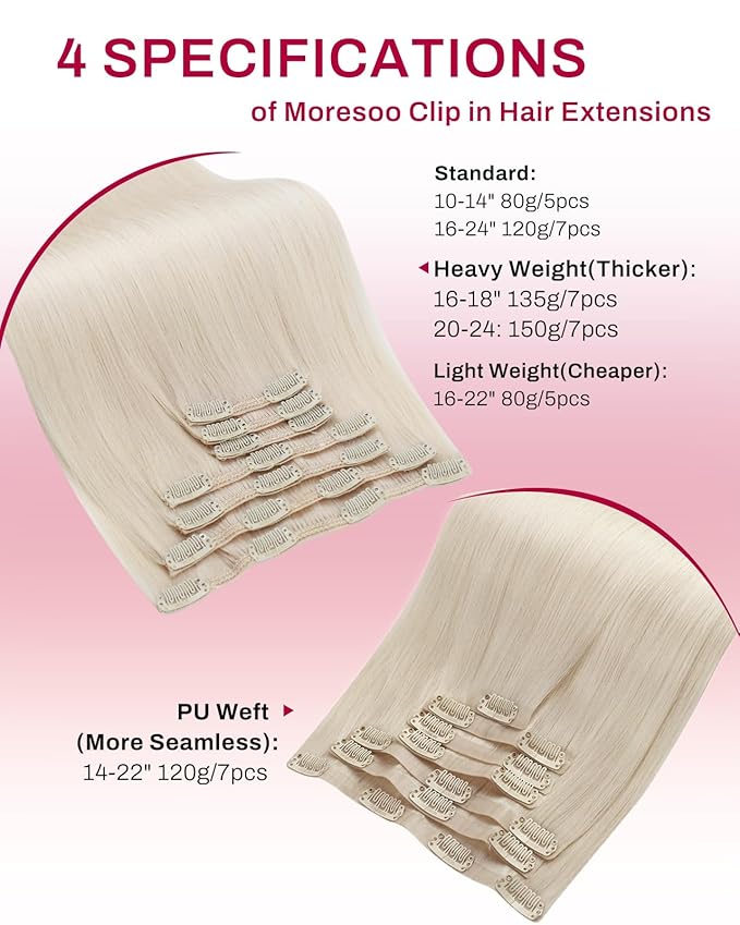 Moresoo Clip in Hair Extensions Real Human Hair Blonde Clip in Human Hair Extensions Platinum Blonde Full Head for Women 135g/7pcs 16 inch