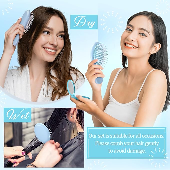 Meanplan 24 Pcs Mini Hair Brush Set 12 Travel Wet Dry Hair Combs Pocket Detangling 12 Compact Folding Makeup Mirrors for Spa Sleepover Birthday Bridal Shower Bachelorette Christmas Party Gift(Blue)