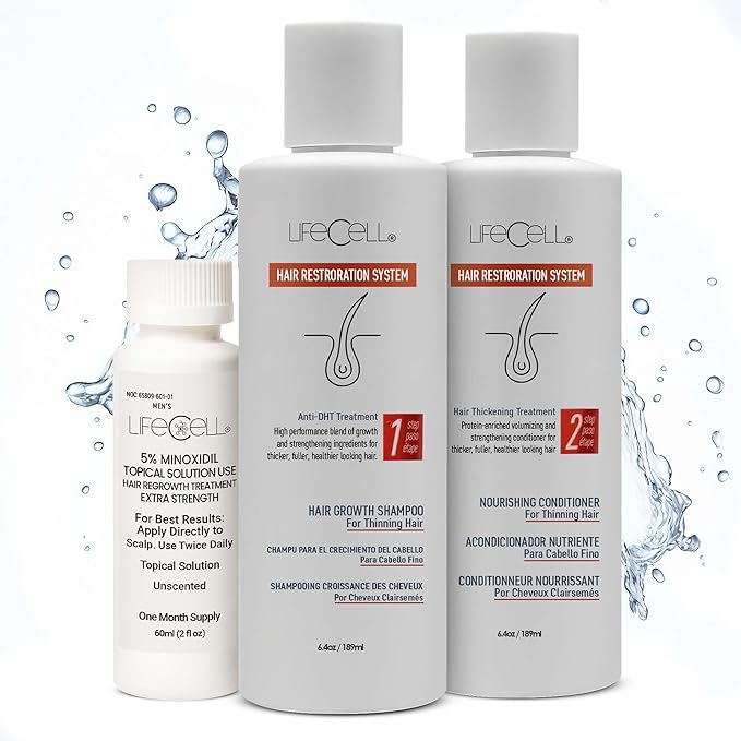 LifeCell Hair Restoration System for Men 5% – Hair Growth Treatment with Minoxidil, Anti-DHT Shampoo & Conditioner – Thicker, Fuller Hair – Supports Scalp Health & Hair Regrowth
