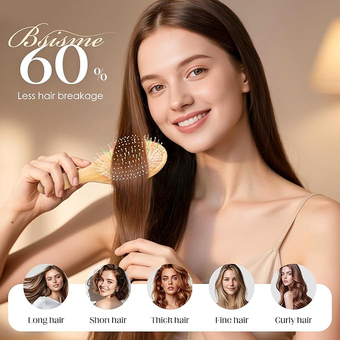 Bsisme Hair Brush with Boar Bristle & Nylon Pins for Women Men Kids, Detangling Hairbrush for Thick Thin Curly Straight Wet or Dry Hair Smoothing Massaging Enhance Shine & Health