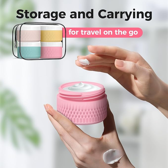 BPA Free Silicone Cream Jars - 2oz TSA Approved Travel Size Containers, Leak-proof with Lid for Cosmetic, Face, Hand, Body Glitters
