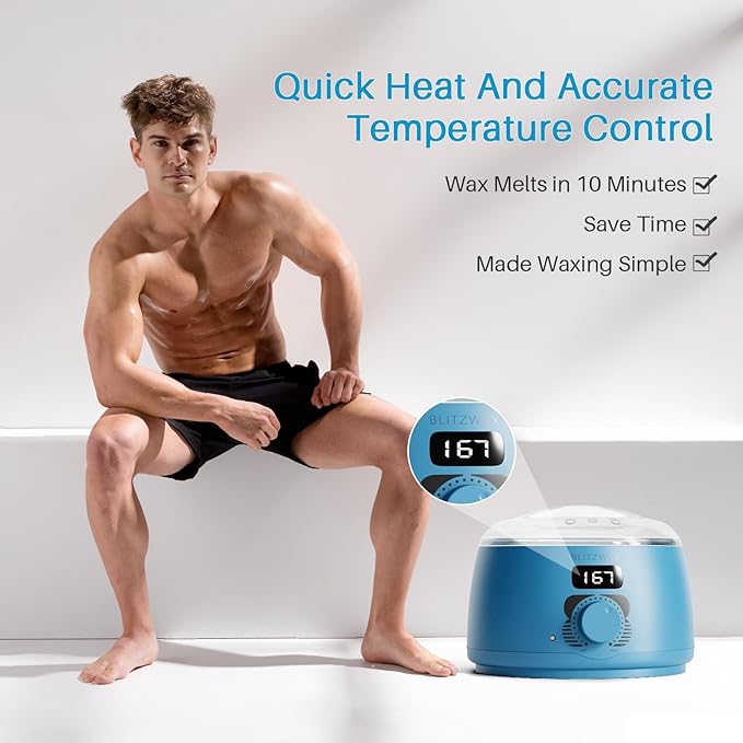 BLITZWAX Back and Nose Waxing Kit for Men, Hard Wax Warmer for Brazilian, Body and Face, At Home Hair Removal Kit, Beginner Friendly, Quick Heating, 93 Accessories, Royal Blue