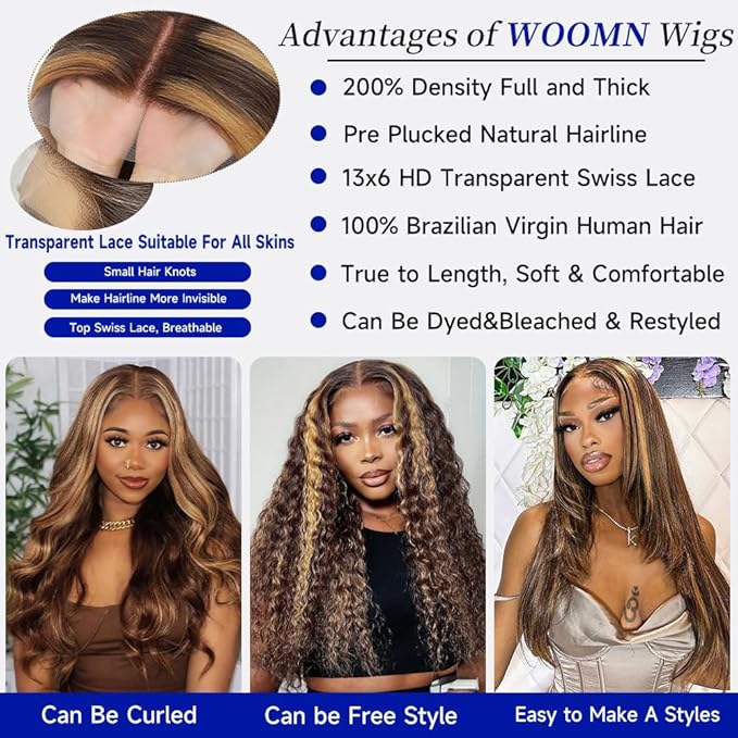 Highlight Ombre 13x6 Lace Front Wigs Human Hair Straight HD Lace Frontal Wigs Pre Plucked Tangle-Free 200 Density 4/27 Colored Real Virgin Human Hair Wig Invisilbe Hairline Tiny Knots 24 Inch