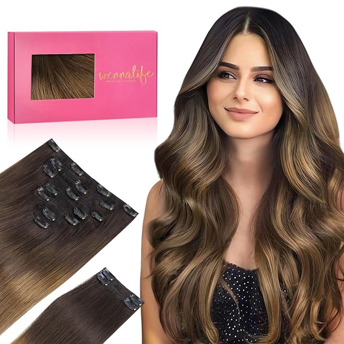 WENNALIFE Clip in Hair Extensions Real Human Hair, 16 Inch 150g 9pcs Remy Hair, Ombre Dark Brown to Light Chestnut Brown Straight Natural Extensiones De Cabello Humano Con Clip Ins