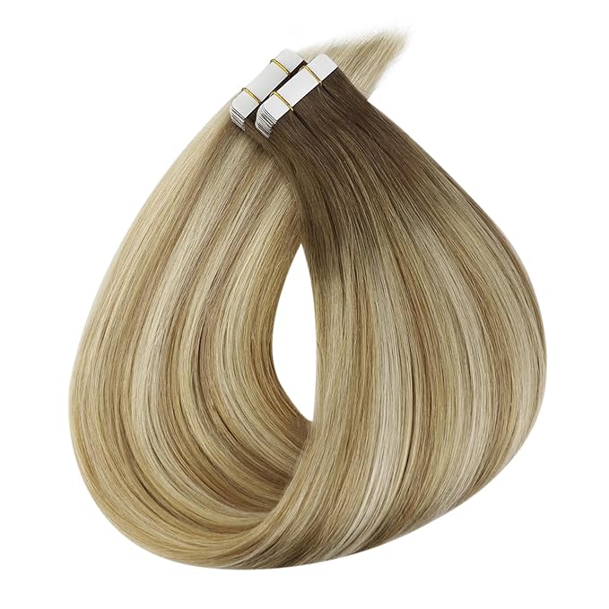 Full Shine Invisible Tape in Hair Extensions Human Hair 22Inch Seamless Hair Extensions Tape in Color 6 Fading to 27 and 60 Blonde Balayage Remy Skin Weft for Women 50G 20Pcs Natural Straight