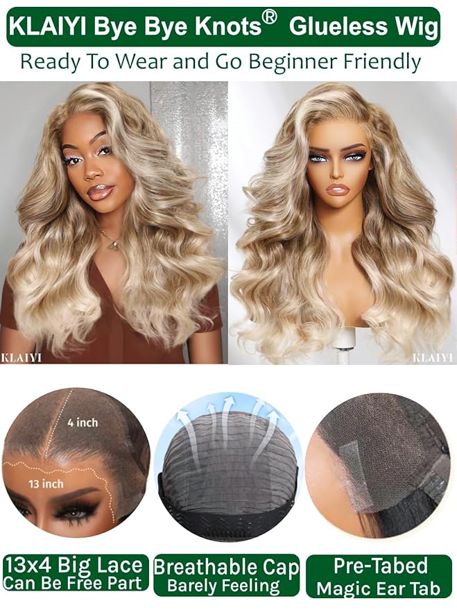 KLAIYI Ombre Ash Blonde Loose Body Wave Pre Everything Glueless 13x4 Lace Front Wigs Human Hair Balayage Precut Pre Plucked Bleached Bye Bye Knots 30S Ready to Wear and Go Wig Beginner Friendly 18Inch