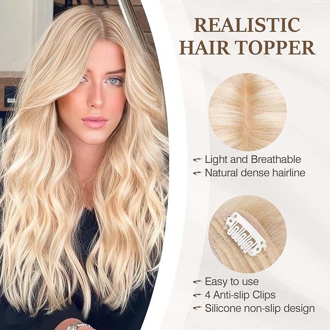 Rich Choices Hair Toppers for Women Real Human Hair 100% Human Remy Toppers NO Bangs with Thinning on Top Clip in Hairpiece 4"x4.7"Lace Base 14 Inch #18P613 Ash Blonde Highlights Bleach Blonde