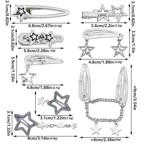 10PCS Star Hair Clips Silver Hair Clips Metal Star Barrettes 8 Shapes Pentagram Hair Snap Clips Punk Kawaii 2000s Hair Accessories for Women