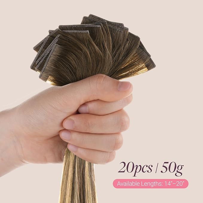 GOO GOO Genius Tape in Hair Extensions, Hand Tied Tape Weft, 4/27/4 Balayage Chocolate Brown to Caramel Blonde, 18inch 50g 20pcs, Remy Human Hair, Seamless Invisible Tape, Natural Blend, Lightweight