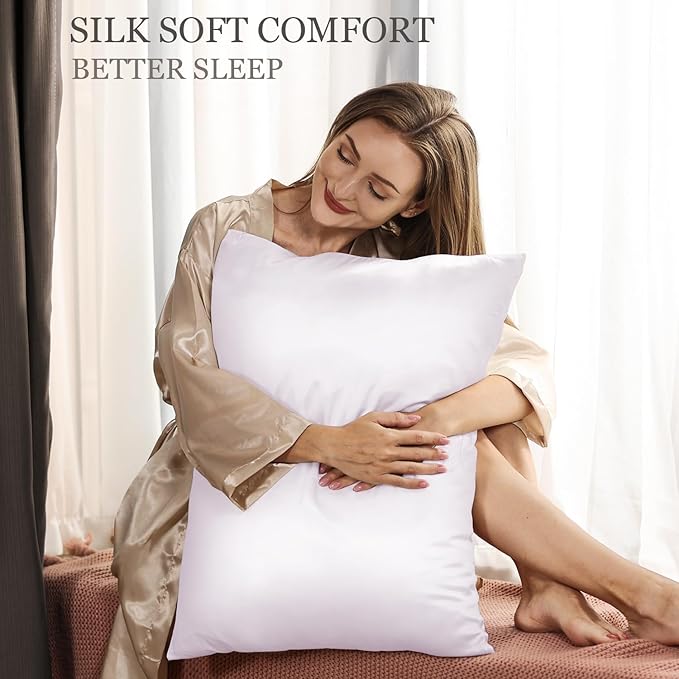 Adubor 100% Silk Pillowcase 2 Pack for Hair and Skin with Hidden Zipper, Both Sides 23 Momme Silk Pillow Case, Standard Size 20×26 inches, White, 2PCS