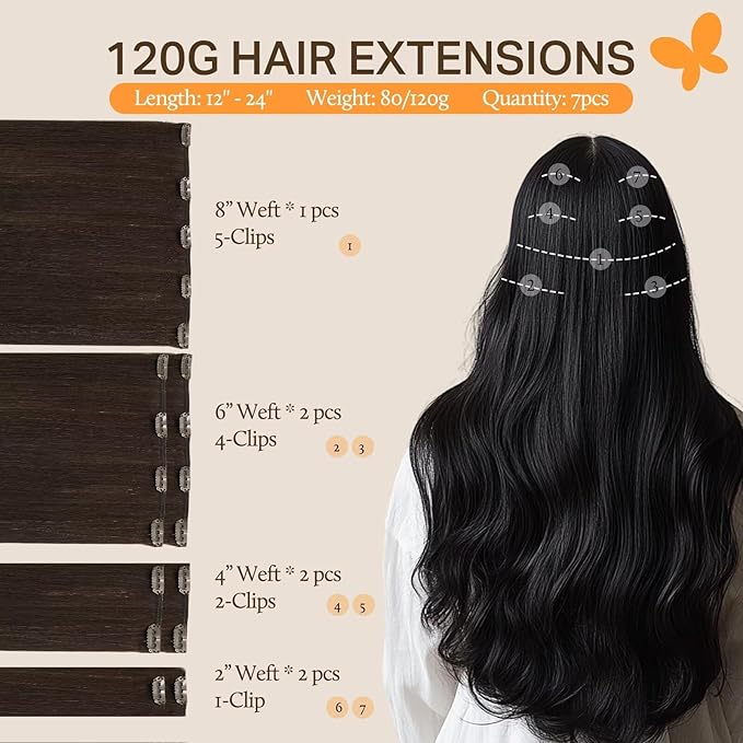 DOORES Clip in Hair Extensions Human Hair, Light Dark Brown 14 Inch 100g 7pcs, Real Human Hair Extensions Clip in Natural Straight Remy Weft