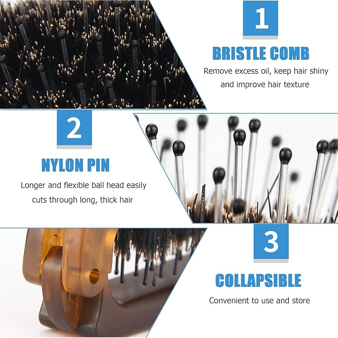 Travel Folding Hair Brush, Collapsable Portable Pocket Boar Bristle Hair Brush for Thin Thick Hair, Mini HairBrushfor Men Women Kids Thick Thin Curly Straight Wet Dry Hair Restore Shine Fold x1 Amber