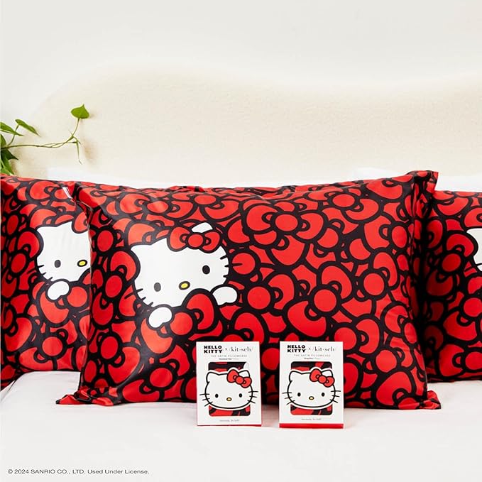 Kitsch x Hello Kitty Pillow Case – Sea of Bows Toddler Bed Time Satin Pillowcase with Zipper – Soft Cooling Pillow Cover for Hair & Skin – Better Than Silk Pillowcase – King Size 19x36