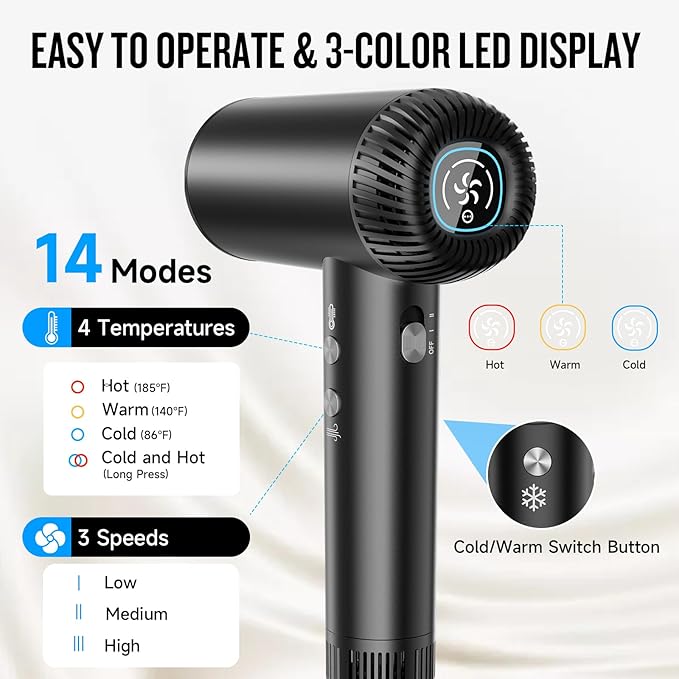 2026 Hair Dryer, 200,000 RPM Professional High Speed Blow Dryer with Diffuser for Women, 1200M Negative Ionic Hair Dryer with Brushless Motor, Low Noise Hair Blow Dryer for Home Travel Salon,Black