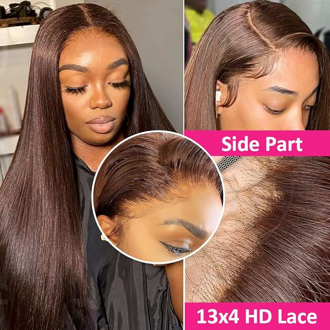 Hermosa 13x4 Brown Lace Front Wigs Human Hair 180 Density Hd Straight Lace Frontal Human Hair Wigs Pre Plucked Hairline 4# Brown Wig 24 Inch