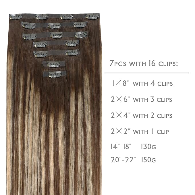 WENNALIFE Seamless Clip In Hair Extensions, 18 Inch 7pcs 130g Balayage Chocolate Brown to Honey Blonde, PU Skin Weft Real Human Hair Extensions